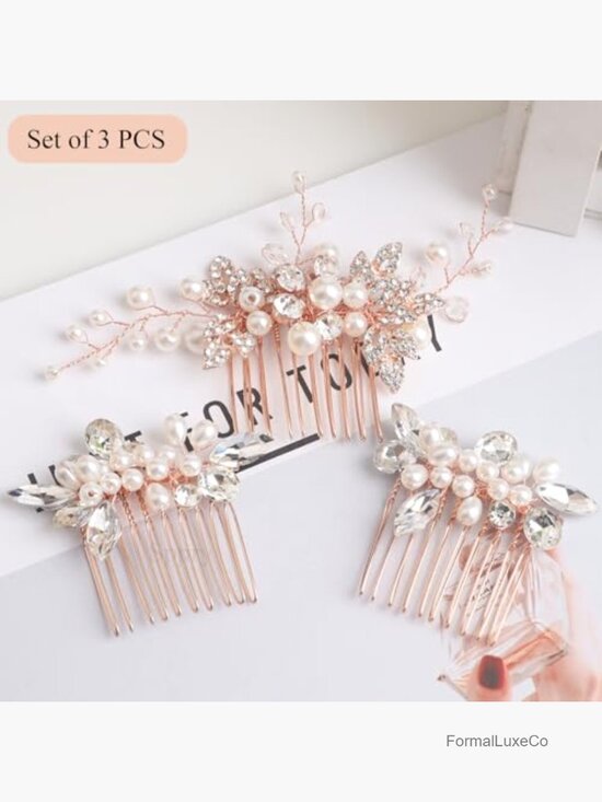Elegant Rhinestone Pearl Hair Combs Set of 3 Bridal Wedding Updo main image 4